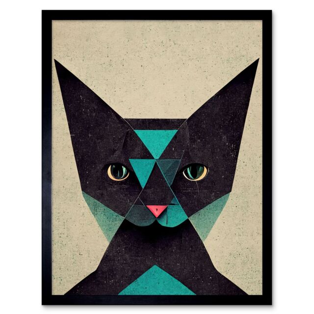 "Artery8 Wall Art Print Geometric Black Cat Teal Fun Quirky Art Framed - Size: W12"" x H16""" - image 1