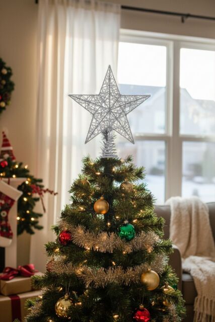 Living and Home 25cm Christmas Tree Topper Silver Glitter Christmas Tree Star with LED Lights - image 1