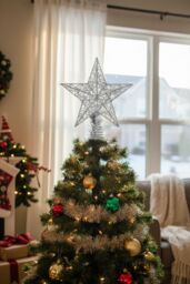 Living and Home 25cm Christmas Tree Topper Silver Glitter Christmas Tree Star with LED Lights