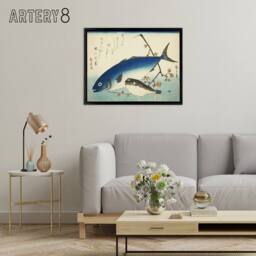 "Artery8 Hiroshige Yellowtail & Blowfish Framed Canvas Japanese Wall Art Print in Blue - Size: W12"" x H16""" - thumbnail 3