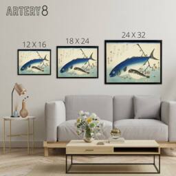 "Artery8 Hiroshige Yellowtail & Blowfish Framed Canvas Japanese Wall Art Print in Blue - Size: W12"" x H16""" - thumbnail 4