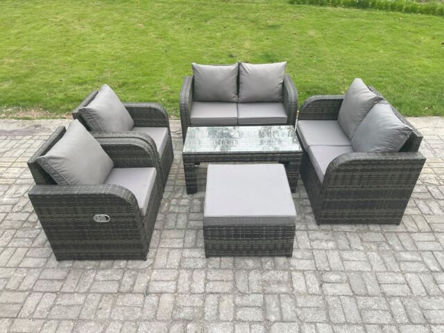 Fimous Rattan Garden Furniture Set with Rectangular Coffee Table Big Footstool 7 Seater Patio Outdoor Lounge Sofa Set in Dark Grey - image 1