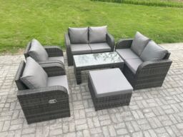 Fimous Rattan Garden Furniture Set with Rectangular Coffee Table Big Footstool 7 Seater Patio Outdoor Lounge Sofa Set in Dark Grey - thumbnail 2