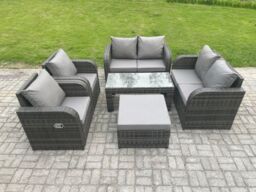 Fimous Rattan Garden Furniture Set with Rectangular Coffee Table Big Footstool 7 Seater Patio Outdoor Lounge Sofa Set in Dark Grey - thumbnail 1