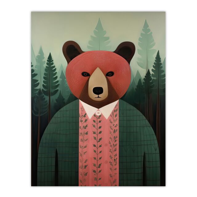 "Artery8 Wall Art Print Mr Bear Portrait Oil Painting Pink Brown Green Misty Forest Landscape Kids Bedroom Poster - Size: W12"" x H16""" - image 1