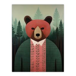 "Artery8 Wall Art Print Mr Bear Portrait Oil Painting Pink Brown Green Misty Forest Landscape Kids Bedroom Poster - Size: W12"" x H16""" - thumbnail 1
