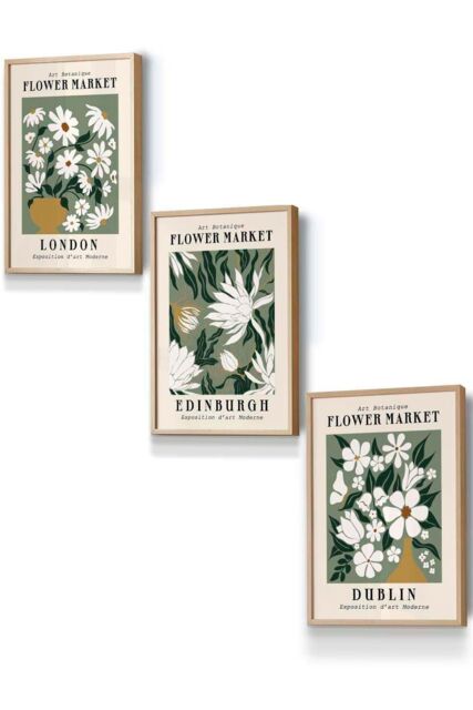 ARTZE Framed Green Flower Market London Edinburgh Dublin Framed Wall Art - Small in Light Oak - Size: W33 cm x H45 cm x D20mm - image 1