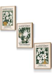 ARTZE Framed Green Flower Market London Edinburgh Dublin Framed Wall Art - Small in Light Oak - Size: W33 cm x H45 cm x D20mm - thumbnail 1