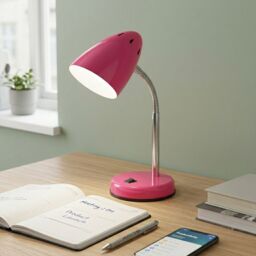 Orsina Red Desk Lamp With EU Plug, Flexible Chrome Lighting Arm, Modern Bedside Table Lamp, Reading Lamp Fixture in Pink - thumbnail 2