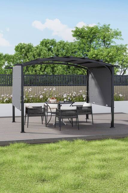 Living and Home 12x9ft Arc-Shaped Steel Pergola with Retractable Canopy in Black - image 1