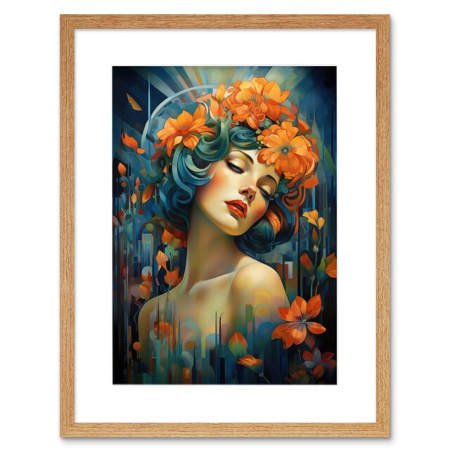 Artery8 Wall Art Print Woman Portrait with Flowers Modern Art Deco Vibrant Artwork Orange Blue Floral Headband Artwork Framed 9X7 Inch - image 1