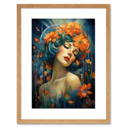 Artery8 Wall Art Print Woman Portrait with Flowers Modern Art Deco Vibrant Artwork Orange Blue Floral Headband Artwork Framed 9X7 Inch - thumbnail 1