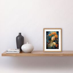 Artery8 Wall Art Print Woman Portrait with Flowers Modern Art Deco Vibrant Artwork Orange Blue Floral Headband Artwork Framed 9X7 Inch - thumbnail 2