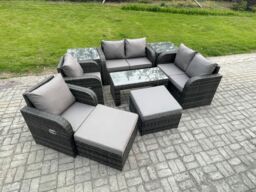 Fimous 9 PCS Garden Furniture set Rattan Outdoor Lounge Sofa Table Chair With Tempered Glass Table Dark Grey Mixed - thumbnail 2