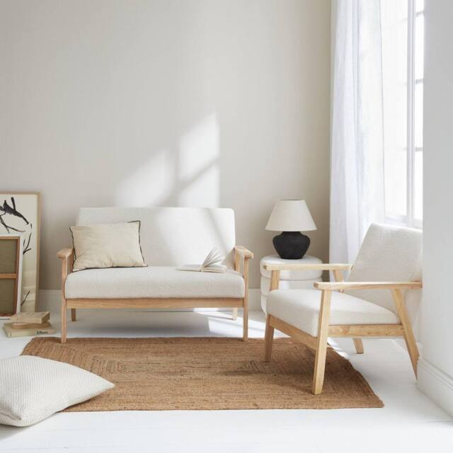 sweeek Armchair & Love Seat In Boucle Fabric & Rubber Wood in White - image 1