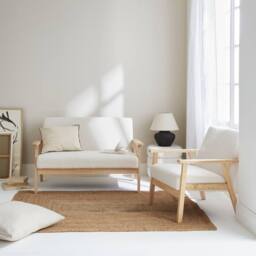 sweeek Armchair & Love Seat In Boucle Fabric & Rubber Wood in White