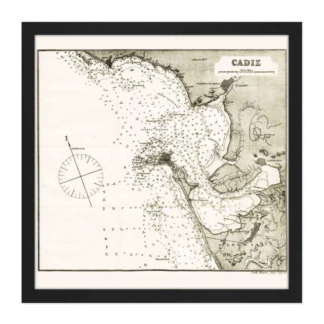 "Artery8 Wall Art Print Map Antique Rosser 1869 Cadiz Spain Historic Replica Square Framed Picture 16X16 Inch in Black - Size: W16"" x H16""" - image 1