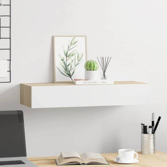 Berkfield Home Elegant Wall-mounted Drawer Shelf Oak & White 60x23.5x10cm MDF in Natural - Size: 60x23.5x10 cm - image 1