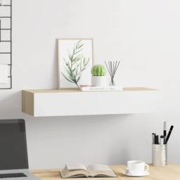 Berkfield Home Elegant Wall-mounted Drawer Shelf Oak & White 60x23.5x10cm MDF in Natural - Size: 60x23.5x10 cm - thumbnail 1