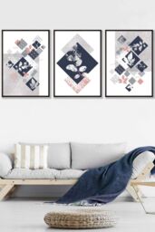 ARTZE Set of 3 Black Framed Graphical Abstract Floral Blue Grey Wall Art in Navy - Size: W33 cm x H45 cm x D20mm - thumbnail 1