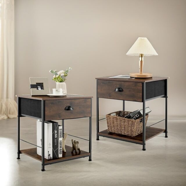 Pirlo Plush 2PC Industrial Bedside Tables With Drawer Bedroom Furniture in Brown - image 1