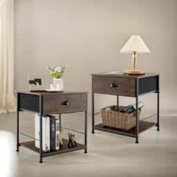 Pirlo Plush 2PC Industrial Bedside Tables With Drawer Bedroom Furniture in Brown - thumbnail 1
