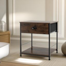 Pirlo Plush 2PC Industrial Bedside Tables With Drawer Bedroom Furniture in Brown - thumbnail 3