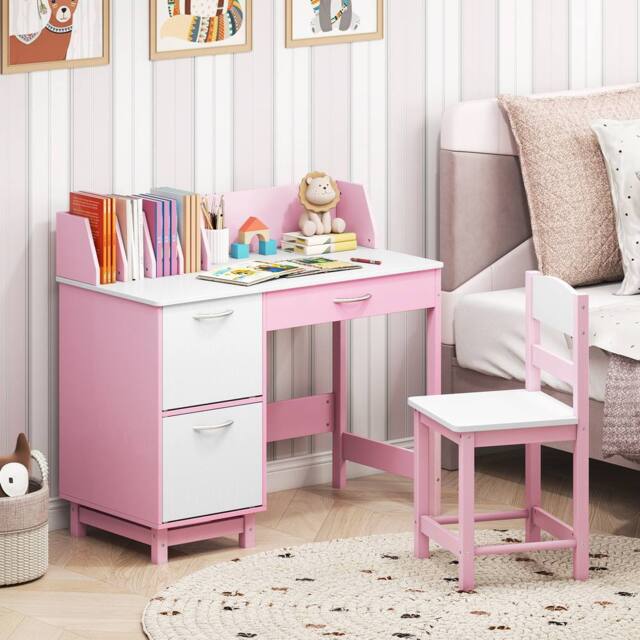 Costway Kids Study Desk & Chair Set Wooden Activity Table Set w/ Drawer - image 1