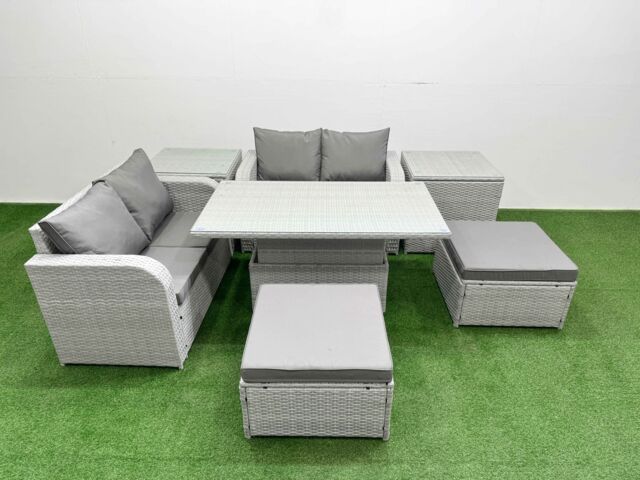 Fimous 6 Seater Outdoor Love Sofa Set Rattan Garden Furniture Set with Adjustable Lifting Dining or Coffee Table 2 Footstool 2 Side Tables Light Grey - image 1