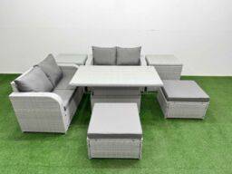 Fimous 6 Seater Outdoor Love Sofa Set Rattan Garden Furniture Set with Adjustable Lifting Dining or Coffee Table 2 Footstool 2 Side Tables Light Grey - thumbnail 2