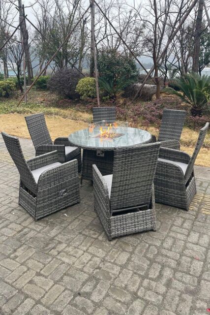 Fimous PE Rattan Gas Fire Pit Round Table Gas Heater Table & Adjustable Chair Set 6 Seat in Dark Grey - image 1