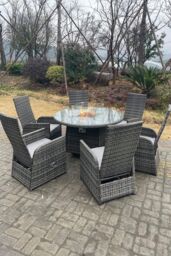 Fimous PE Rattan Gas Fire Pit Round Table Gas Heater Table & Adjustable Chair Set 6 Seat in Dark Grey - thumbnail 2