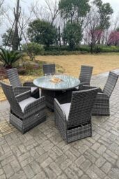 Fimous PE Rattan Gas Fire Pit Round Table Gas Heater Table & Adjustable Chair Set 6 Seat in Dark Grey - thumbnail 5