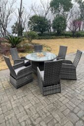 Fimous PE Rattan Gas Fire Pit Round Table Gas Heater Table & Adjustable Chair Set 6 Seat in Dark Grey - thumbnail 4