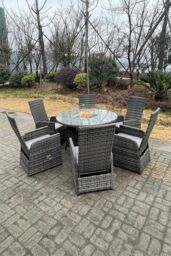 Fimous PE Rattan Gas Fire Pit Round Table Gas Heater Table & Adjustable Chair Set 6 Seat in Dark Grey - thumbnail 3