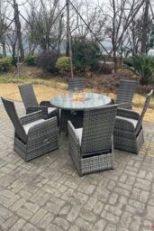 Fimous PE Rattan Gas Fire Pit Round Table Gas Heater Table & Adjustable Chair Set 6 Seat in Dark Grey