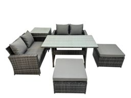 Fimous 6 Seater Outdoor Table Double Seat Sofa Side Table 2 Big Stools Set in Dark Grey - thumbnail 1