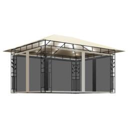 Berkfield Home Gazebo with Mosquito Net&LED String Lights 4x3x2.73 m Cream in Beige - thumbnail 1
