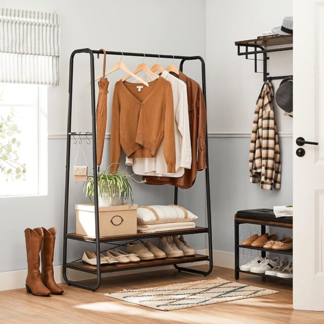 VASAGLE Heavy Duty Clothes Rail 2 Shelf Steel Frame 6 S Hooks in Brown - image 1