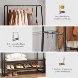 VASAGLE Heavy Duty Clothes Rail 2 Shelf Steel Frame 6 S Hooks in Brown - thumbnail 5