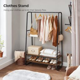 VASAGLE Heavy Duty Clothes Rail 2 Shelf Steel Frame 6 S Hooks in Brown - thumbnail 3
