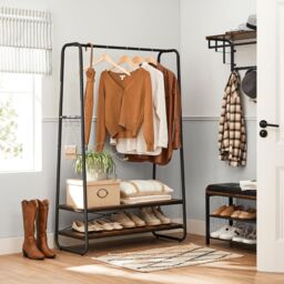 VASAGLE Heavy Duty Clothes Rail 2 Shelf Steel Frame 6 S Hooks in Brown - thumbnail 1