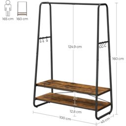VASAGLE Heavy Duty Clothes Rail 2 Shelf Steel Frame 6 S Hooks in Brown - thumbnail 2