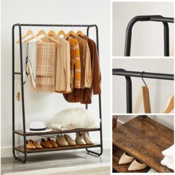 VASAGLE Heavy Duty Clothes Rail 2 Shelf Steel Frame 6 S Hooks in Brown - thumbnail 7