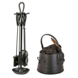 Dibor Contemporary Black Fireside 4pc Freestanding Companion Set with Coal Bucket & Shovel - thumbnail 2