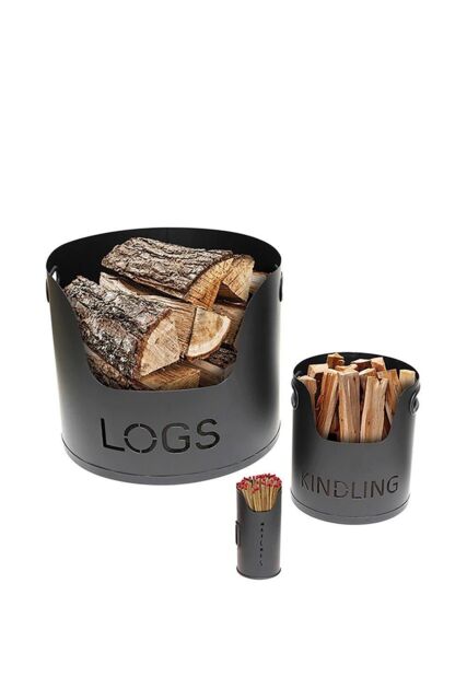 Valiant Fireside Log Storage Set - For Logs, Kindling & Matches - Satin Finish - 3 Piece Set in Black - image 1