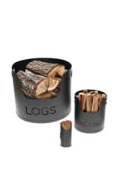 Valiant Fireside Log Storage Set - For Logs, Kindling & Matches - Satin Finish - 3 Piece Set in Black - thumbnail 1