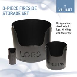 Valiant Fireside Log Storage Set - For Logs, Kindling & Matches - Satin Finish - 3 Piece Set in Black - thumbnail 4