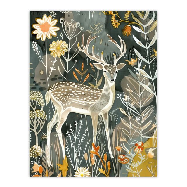 "Artery8 Deer in Autumn Forest Wildflowers Animal Folk Art Wall Art Print - Size: W24"" x H32""" - image 1