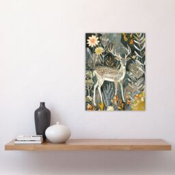 "Artery8 Deer in Autumn Forest Wildflowers Animal Folk Art Wall Art Print - Size: W24"" x H32""" - thumbnail 4